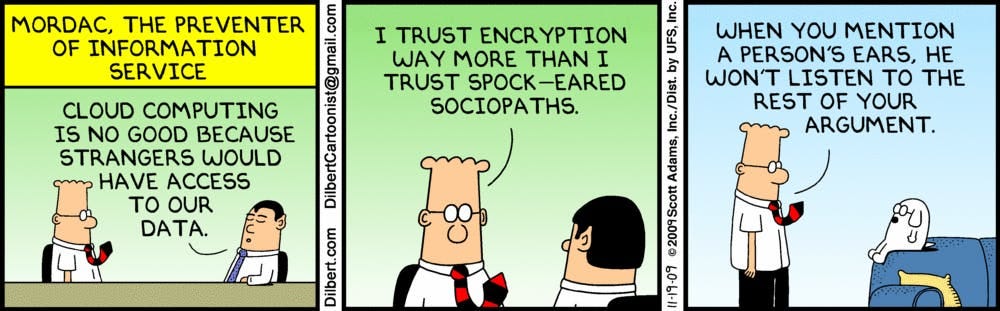 Cartoon depicting a coversation about cloud computing between Dilbert and a coworker.
